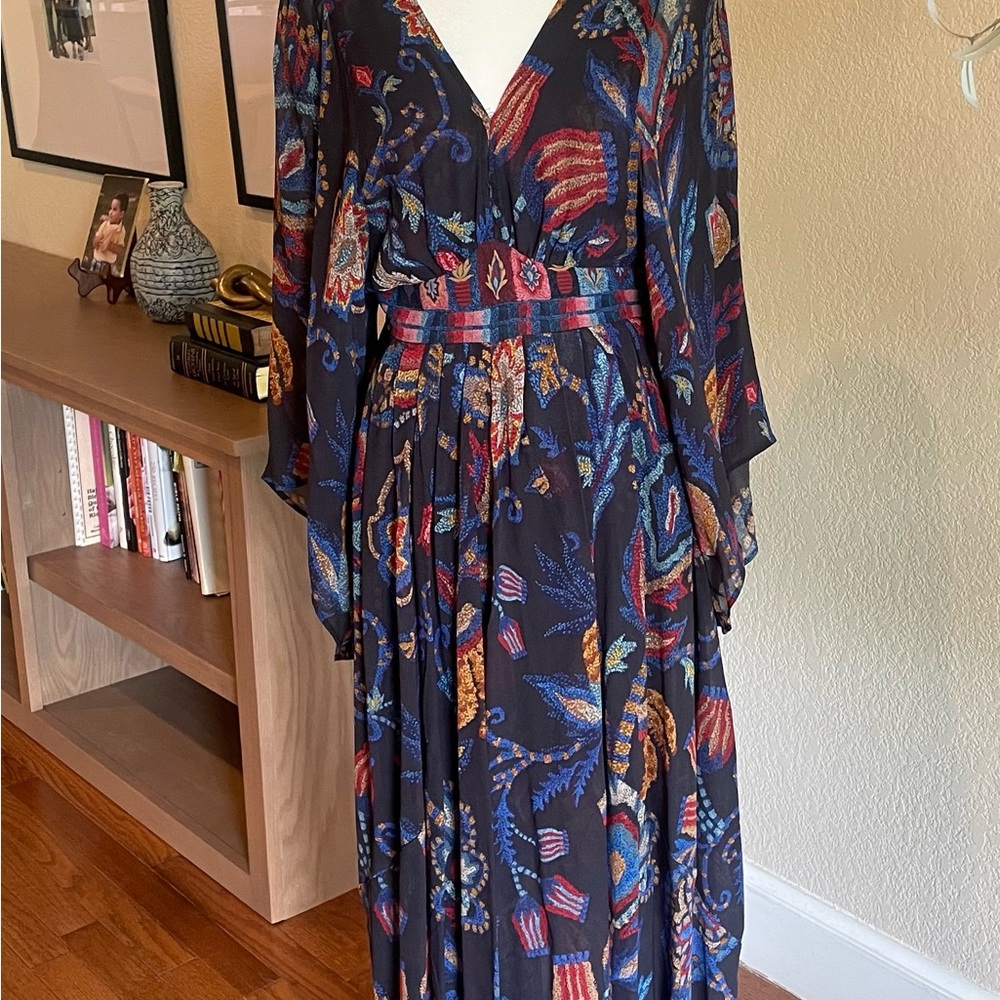 FARM Rio Navy V-Neck Floral Paisley Maxi Dress with Red & Gold Accents